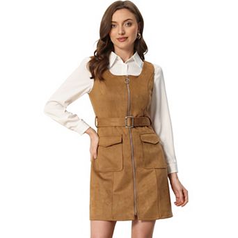 Women's Suede Dress Round Neck Zip Up Belt Waist Overdress