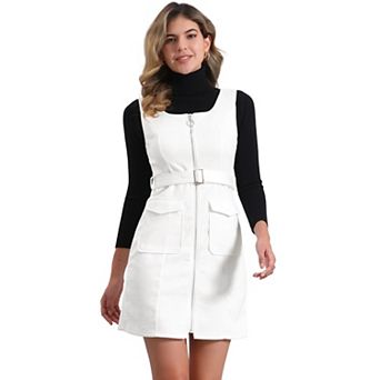 Women's Suede Dress Round Neck Zip Up Belt Waist Overdress