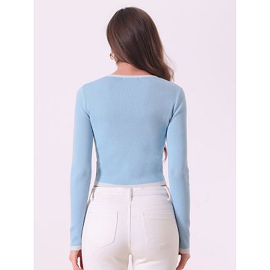 Contrast Ribbed Knit Shirt for Women's Round Neck Button Decor Crop ...