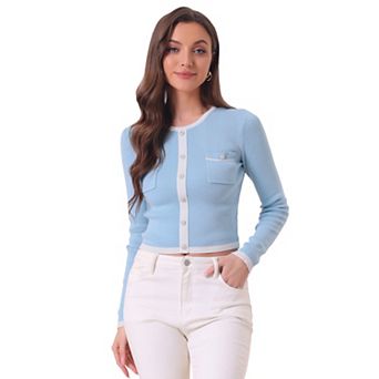 Contrast Ribbed Knit Shirt for Women's Round Neck Button Decor Crop Sweater Tops