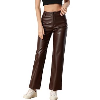 Faux Leather Pants for Women's High Waist Straight Leg Casual PU Punk Trousers