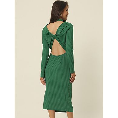 Women's Round Neck Twist Back Long Sleeve Cable Knit Cut Out Bodycon Midi Dress