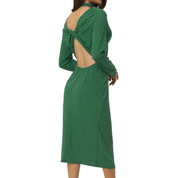 Women's Round Neck Twist Back Long Sleeve Cable Knit Cut Out Bodycon