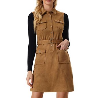 Women's Faux Suede Dress Turn Down Collar Tie Waist Sleeveless Button Down Mini Dress