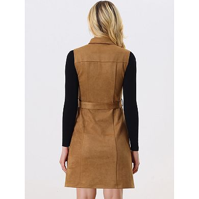 Women's Faux Suede Dress Turn Down Collar Tie Waist Sleeveless Button ...