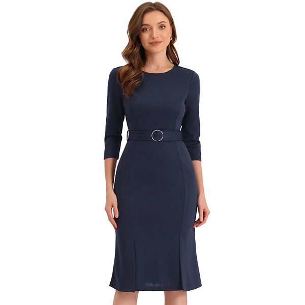 Elegant Sheath Dress for Women's Crew Neck 3/4 Sleeve Slit Office ...