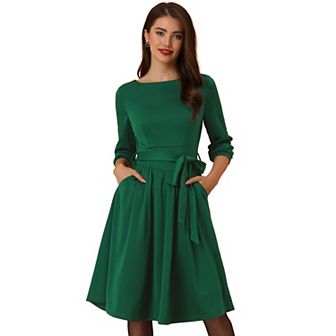 Casual A-line Dress for Women's Boat Neckline Half Sleeve Dress with Belt