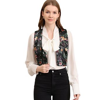 Women's Floral Pattern V Neck Sleeveless Button Satin Waistcoat Vest