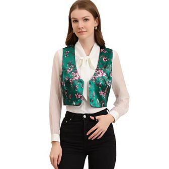 Women's Floral Pattern V Neck Sleeveless Button Satin Waistcoat Vest