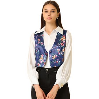 Women's Floral Pattern V Neck Sleeveless Button Satin Waistcoat Vest