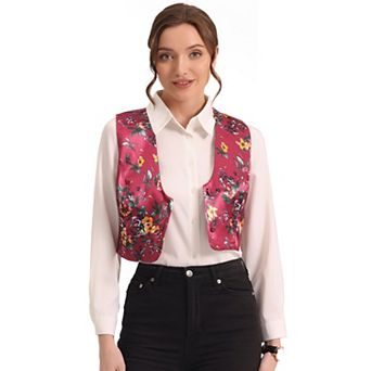 Women's Floral Pattern V Neck Sleeveless Button Satin Waistcoat Vest