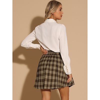 Vintage Plaid Skirt for Women s Double Breasted A Line Pleated Mini Skirts