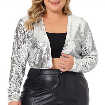 Plus Size For Women Sequin Jacket Party Open Front Long Sleeve Shrug Bolero Crop Jacket