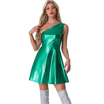 Metallic Sleeveless Dress For Women's One Shoulder Party Disco Holographic Dresses