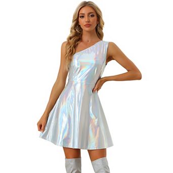 Metallic Sleeveless Dress For Women's One Shoulder Party Disco Holographic Dresses
