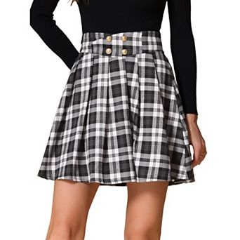 Vintage Plaid Skirt For Women's Double Breasted A-line Pleated Mini Skirts