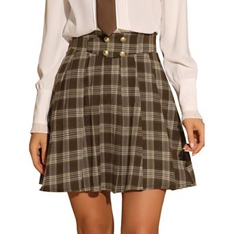 Vintage Plaid Skirt For Women's Double Breasted A-line Pleated Mini Skirts