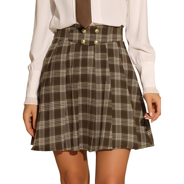 Vintage Plaid Skirt for Women's Double Breasted A-Line