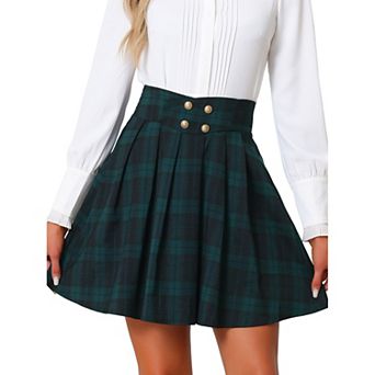 Vintage Plaid Skirt For Women's Double Breasted A-line Pleated Mini Skirts