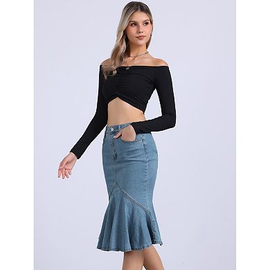 Fishtail Denim Skirt for Women's High Waist Bodycon Jean Ruffles Skirts