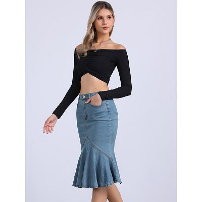Fishtail Denim Skirt for Women's High Waist Bodycon Jean Ruffles