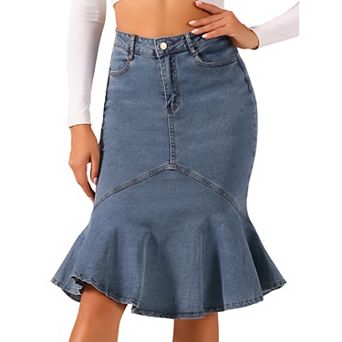 Fishtail Denim Skirt For Women's High Waist Bodycon Jean Ruffles Skirts