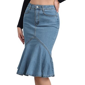 Fishtail Denim Skirt For Women's High Waist Bodycon Jean Ruffles Skirts