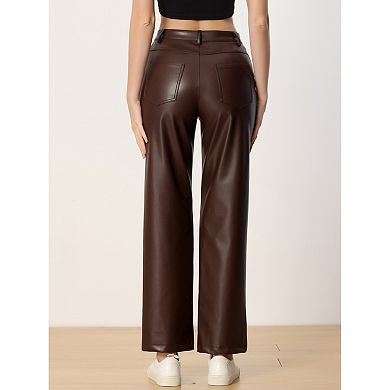 Faux Leather Pants For Women's High Waist Straight Leg Casual Pu Punk Trousers