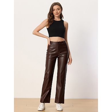 Faux Leather Pants For Women's High Waist Straight Leg Casual Pu Punk Trousers