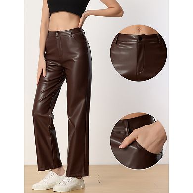 Faux Leather Pants For Women's High Waist Straight Leg Casual Pu Punk Trousers