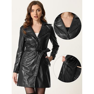 Faux Leather Coat for Women's Notched Lapel Collar Button Down Steampunk PU Outwear
