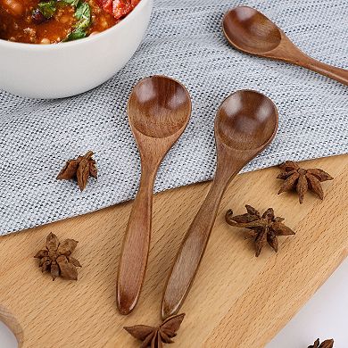 Wooden Spoons 6 Pcs Natural Grain Soup Spoon Salt Sugar Dining Spoons 5.5" Brown
