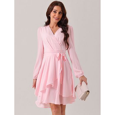 Women's Deep V Neck Long Sleeve Belted Mini Skating Flowy Dress