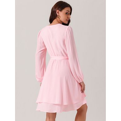 Women's Deep V Neck Long Sleeve Belted Mini Skating Flowy Dress