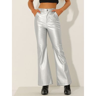 Faux Leather Flared Pants For Women's High Waist Bell Bottom Pu Trousers