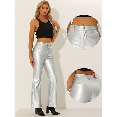 Faux Leather Flared Pants For Women's High Waist Bell Bottom Pu Trousers