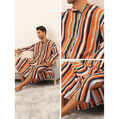 Men's Striped Nightshirt Button Down Long Sleeve Henley Shirts Nightgown with Pockets