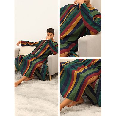 Men's Striped Nightshirt Button Down Long Sleeve Henley Shirts Nightgown With Pockets