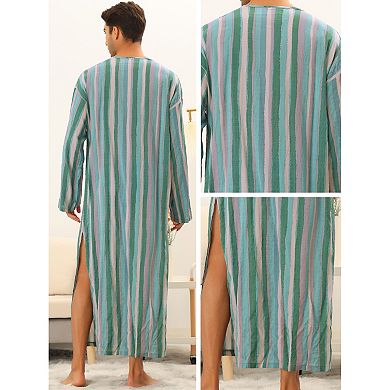 Men's Striped Nightshirt Button Down Long Sleeve Henley Shirts Nightgown With Pockets