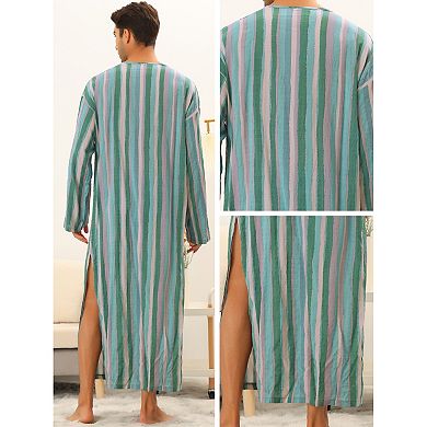 Men's Striped Nightshirt Button Down Long Sleeve Henley Shirts Nightgown with Pockets