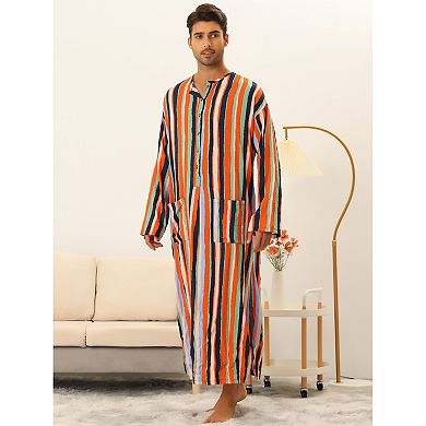 Men's Striped Nightshirt Button Down Long Sleeve Henley Shirts Nightgown with Pockets