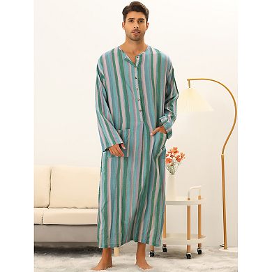 Men's Striped Nightshirt Button Down Long Sleeve Henley Shirts Nightgown With Pockets