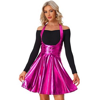Metallic Overalls Skirts for Women's High Waist Party A-Line Suspender Skirt