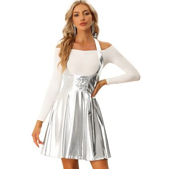 Metallic Overalls Skirts for Women's High Waist Party A-Line Suspender Skirt