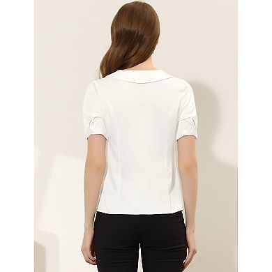 Women's Point Neck Button Decor Short Sleeve Satin Blouse