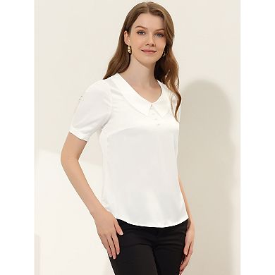 Women's Point Neck Button Decor Short Sleeve Satin Blouse
