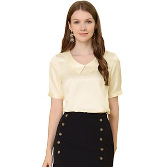 Women's Point Neck Button Decor Short Sleeve Satin Blouse