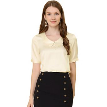 Women's Point Neck Button Decor Short Sleeve Satin Blouse
