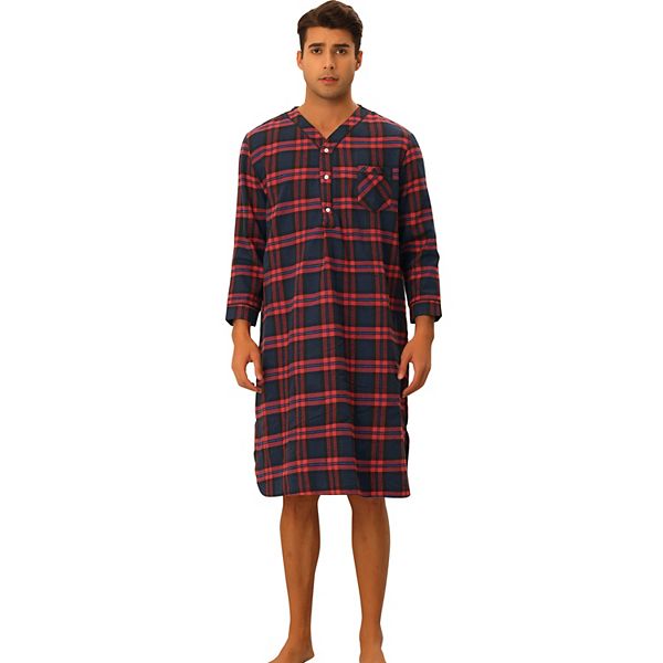 Plaid Nightshirts for Men's Loose Fit Henley Neck Checked Pajamas Sleepwear