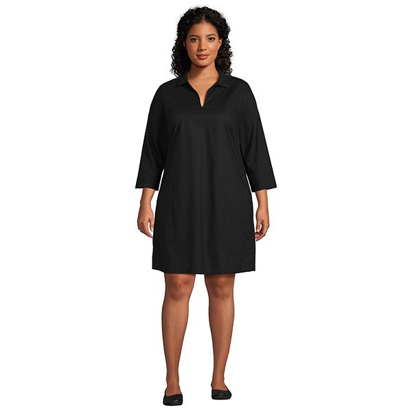 Plus Size Lands' End Cotton Poplin 3/4 Sleeve Split Neck Dress